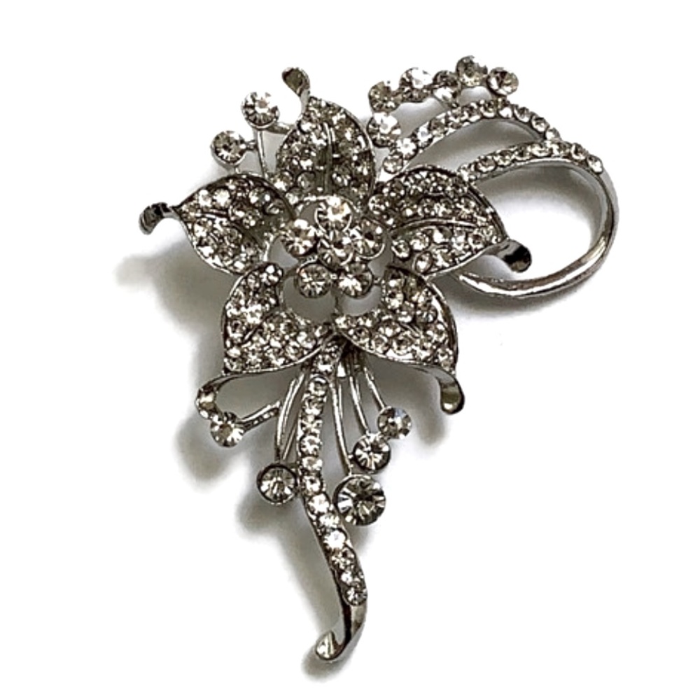 Large Silver Toned Rhinestone Flower Brooch